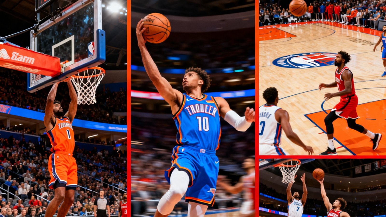 NBA比赛十佳球集锦缩略图，拼接了多个扣篮和三分球的精彩瞬间，色彩鲜明动感十足，标题文字醒目