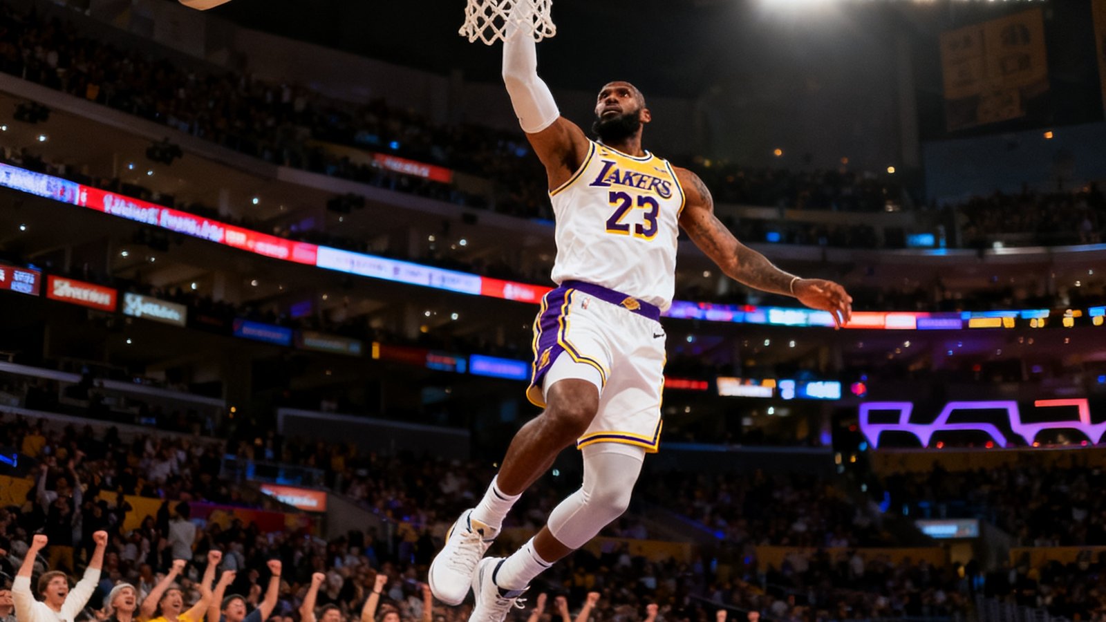 NBA常规赛高清直播画面，湖人主场斯台普斯中心内球员飞身扣篮的精彩瞬间，篮球即将入筐，观众欢呼沸腾，场边灯光璀璨